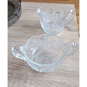 McKee* Aztec Sunburst* Creamer & Open Sugar Bowl Set *Clear Glass Scalloped Edge
